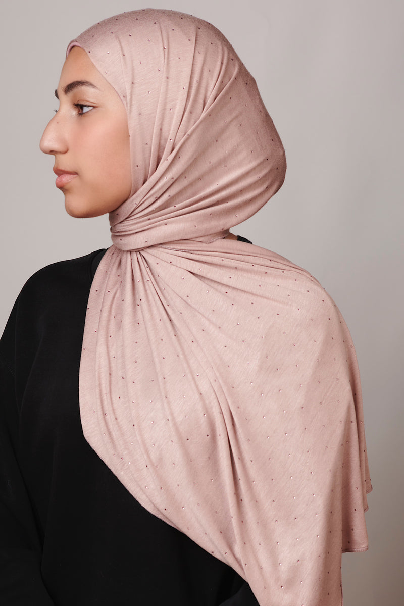 Petite Rhinestone Jersey Hijab - Tan