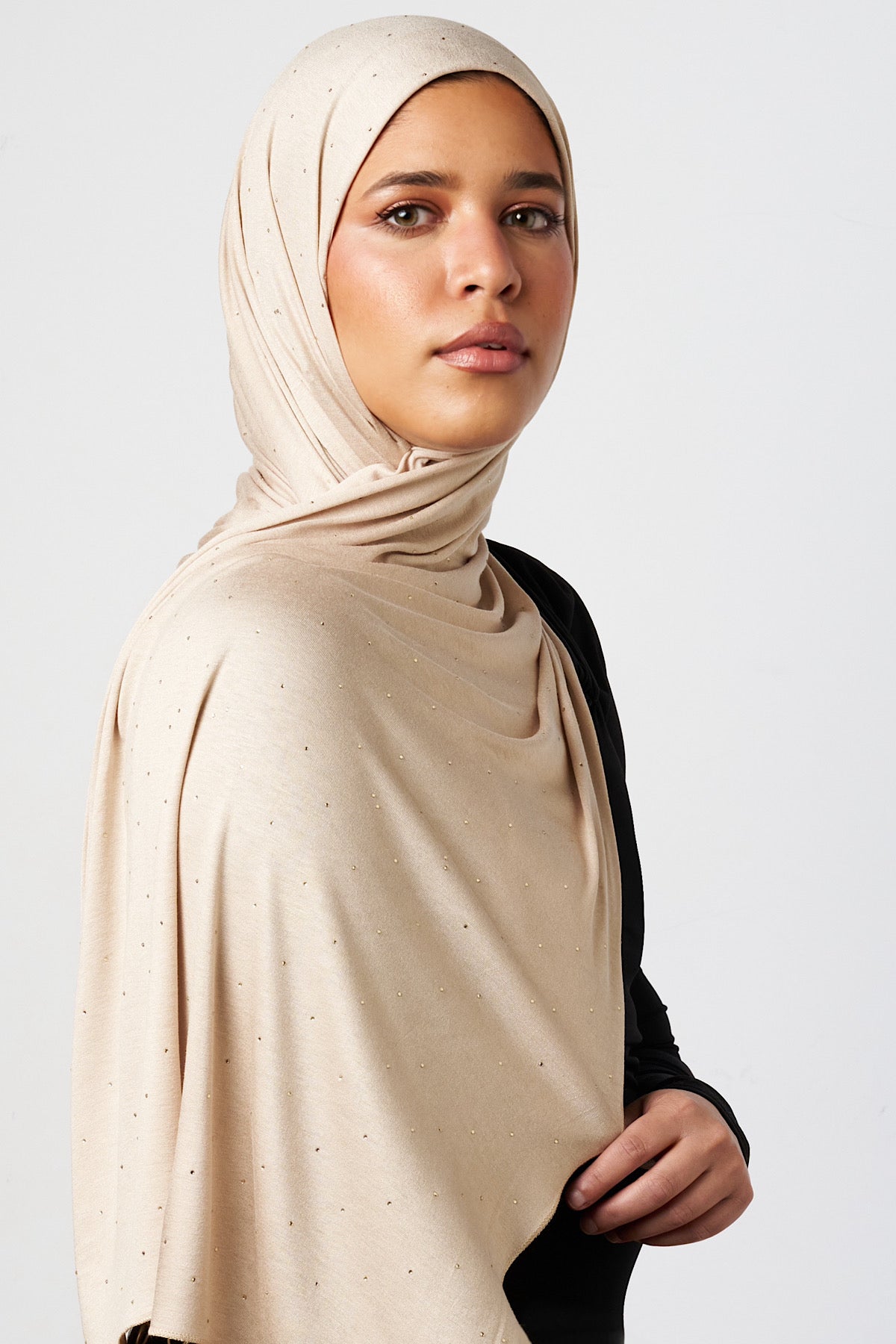Petite Rhinestone Jersey Hijab - Oat