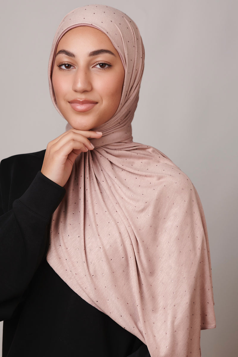 Petite Rhinestone Jersey Hijab - Tan