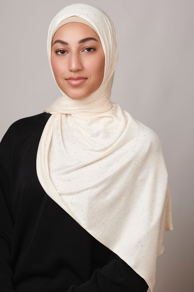Petite Rhinestone Jersey Hijab - Cream