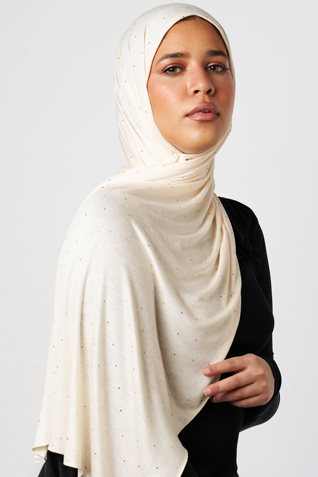 Petite Rhinestone Jersey Hijab - Cream
