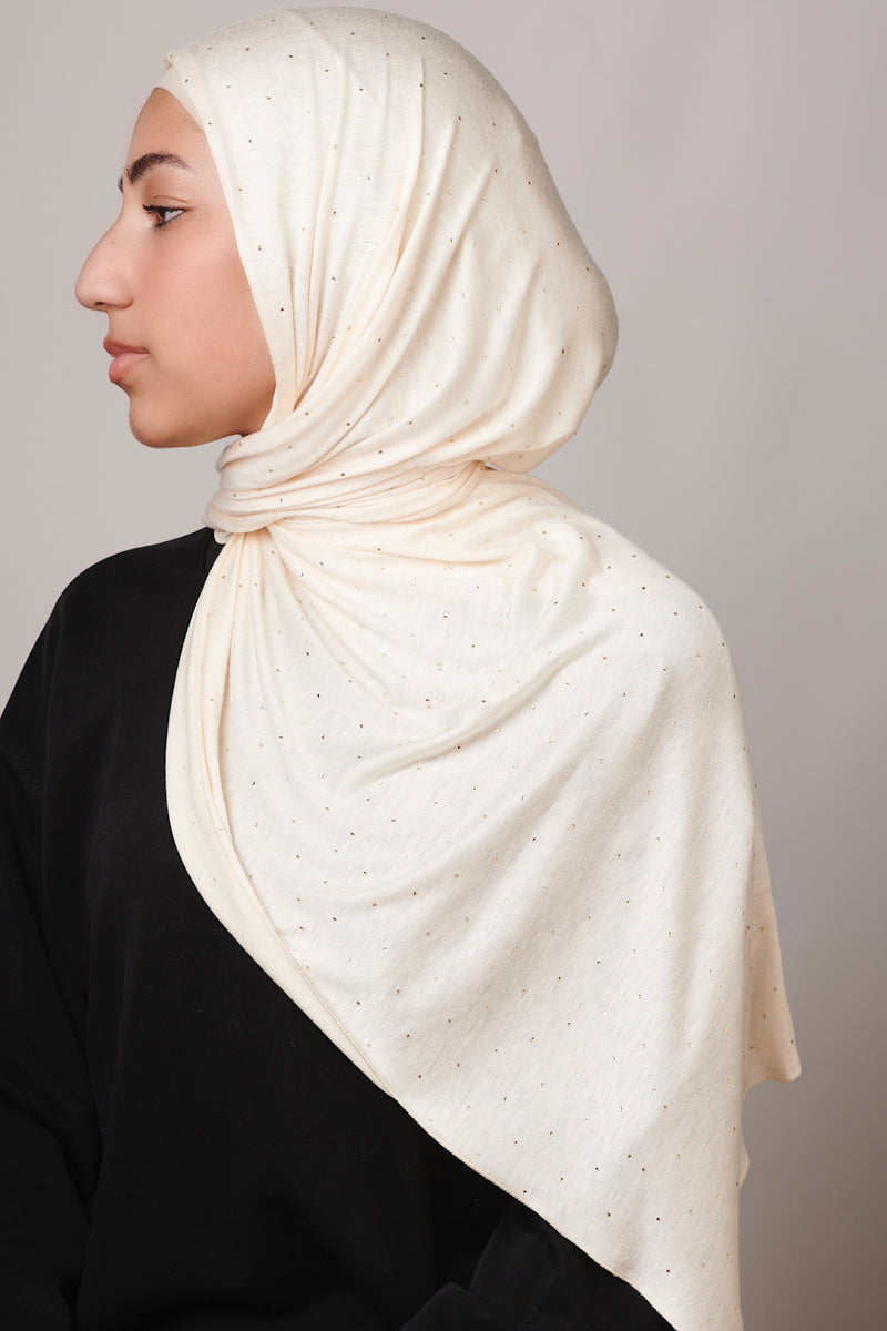Petite Rhinestone Jersey Hijab - Cream