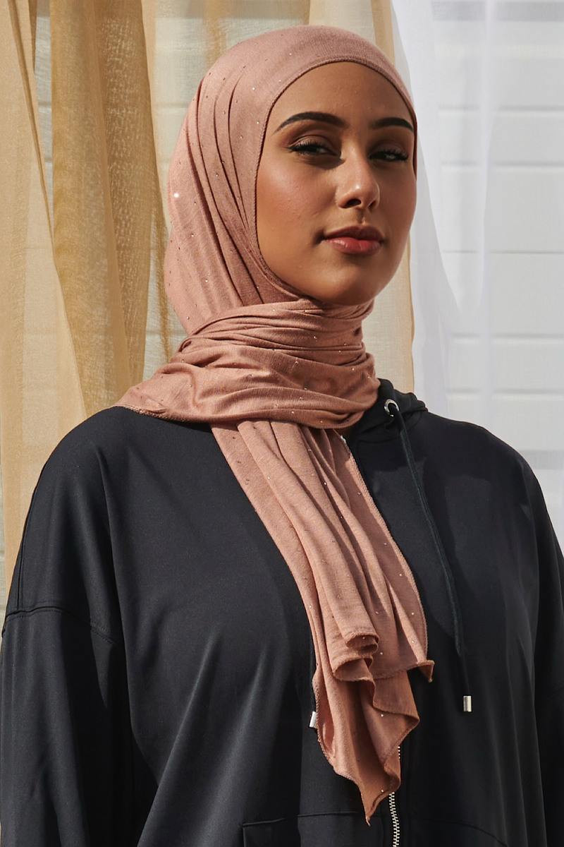 Petite Rhinestone Jersey Hijab - Camel