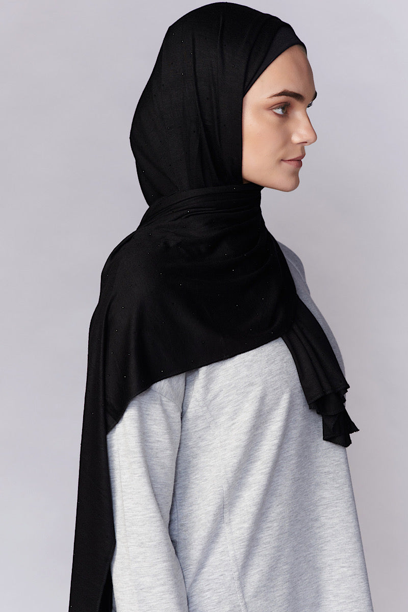 Petite Rhinestone Jersey Hijab - Black