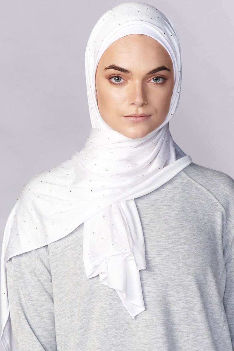 Petite Rhinestone Jersey Hijab - White